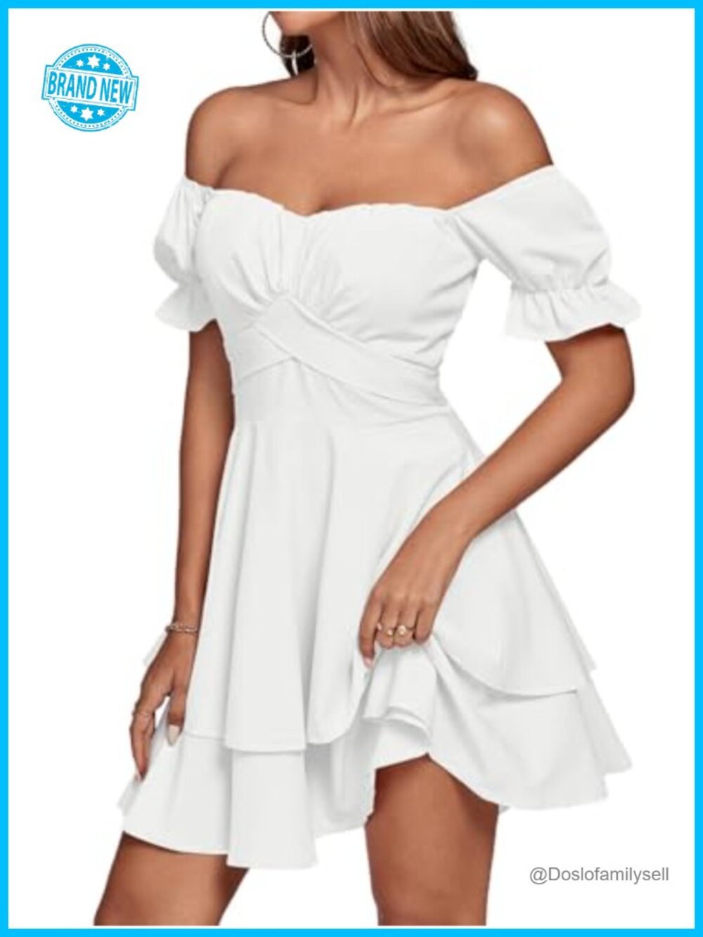 Off Shoulder Ruffle Hem Mini Dress with Belt Ruched Bust - Picture 3 of 6